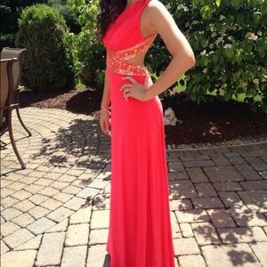 Coral and Gold open back Prom Dress/gown
